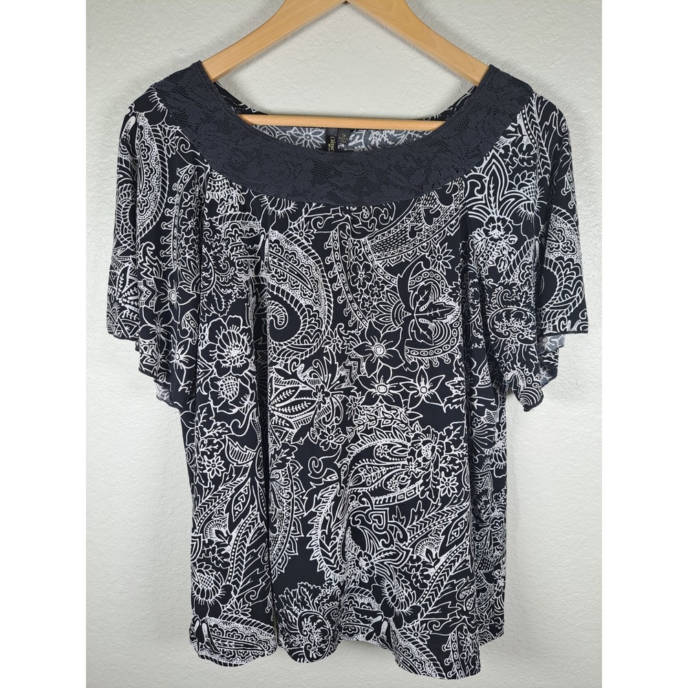 Olivia Paige Woman Black White Paisley Lace Trim Scoop Neck Blouse Top 1X USA